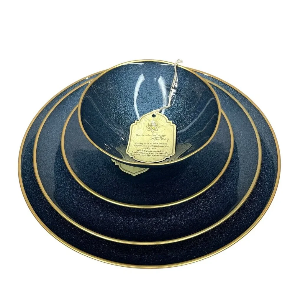 Turkish Glass 4 Entree Dinner Plates Set Blue Textured Gold Rim 11